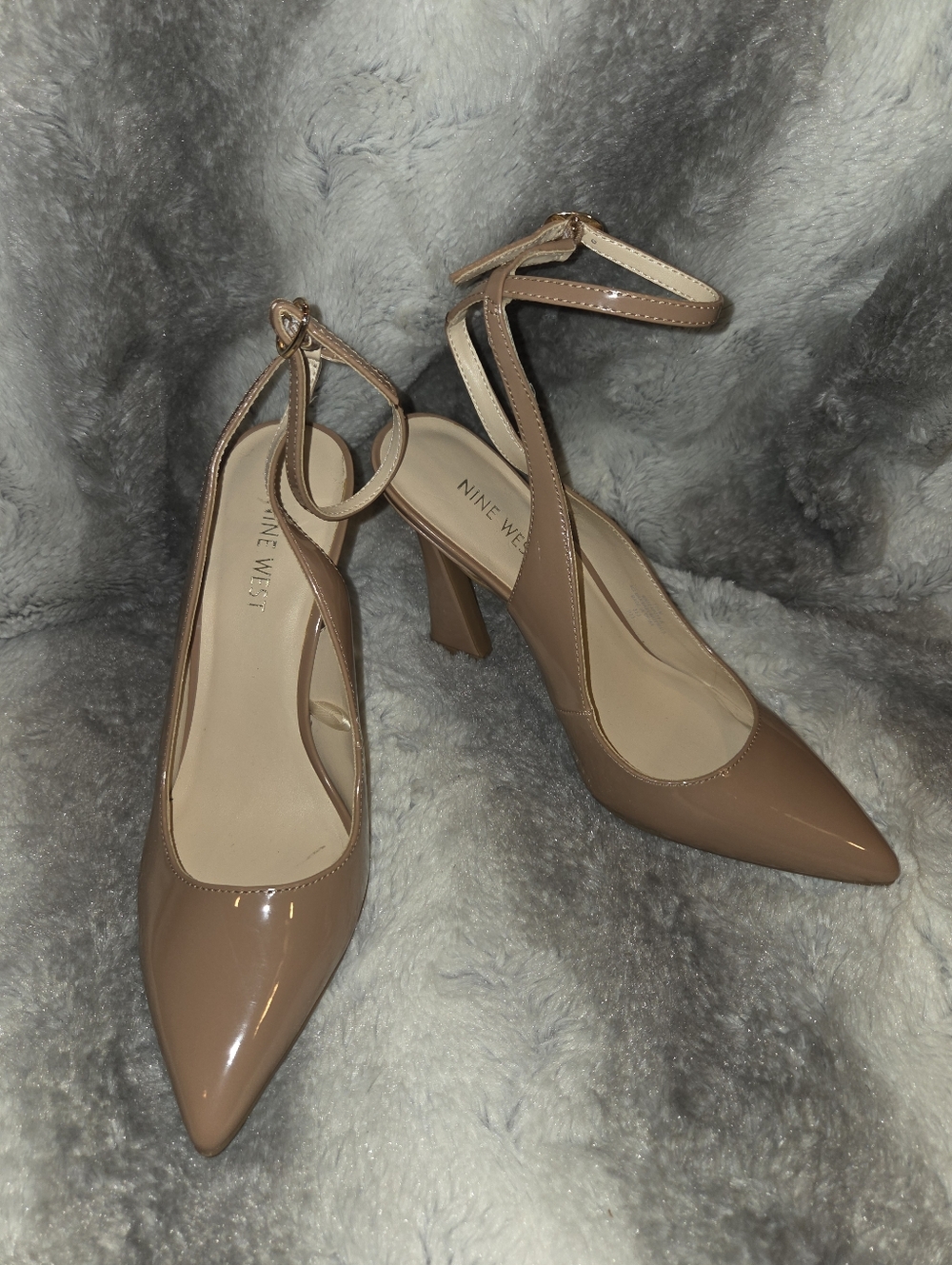 Like New Nine West Nude Patent Pointed-Toe Ankle-Strap Heels